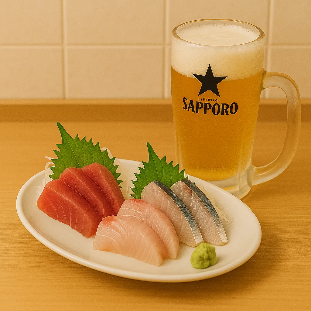 養老乃瀧の刺身とビール