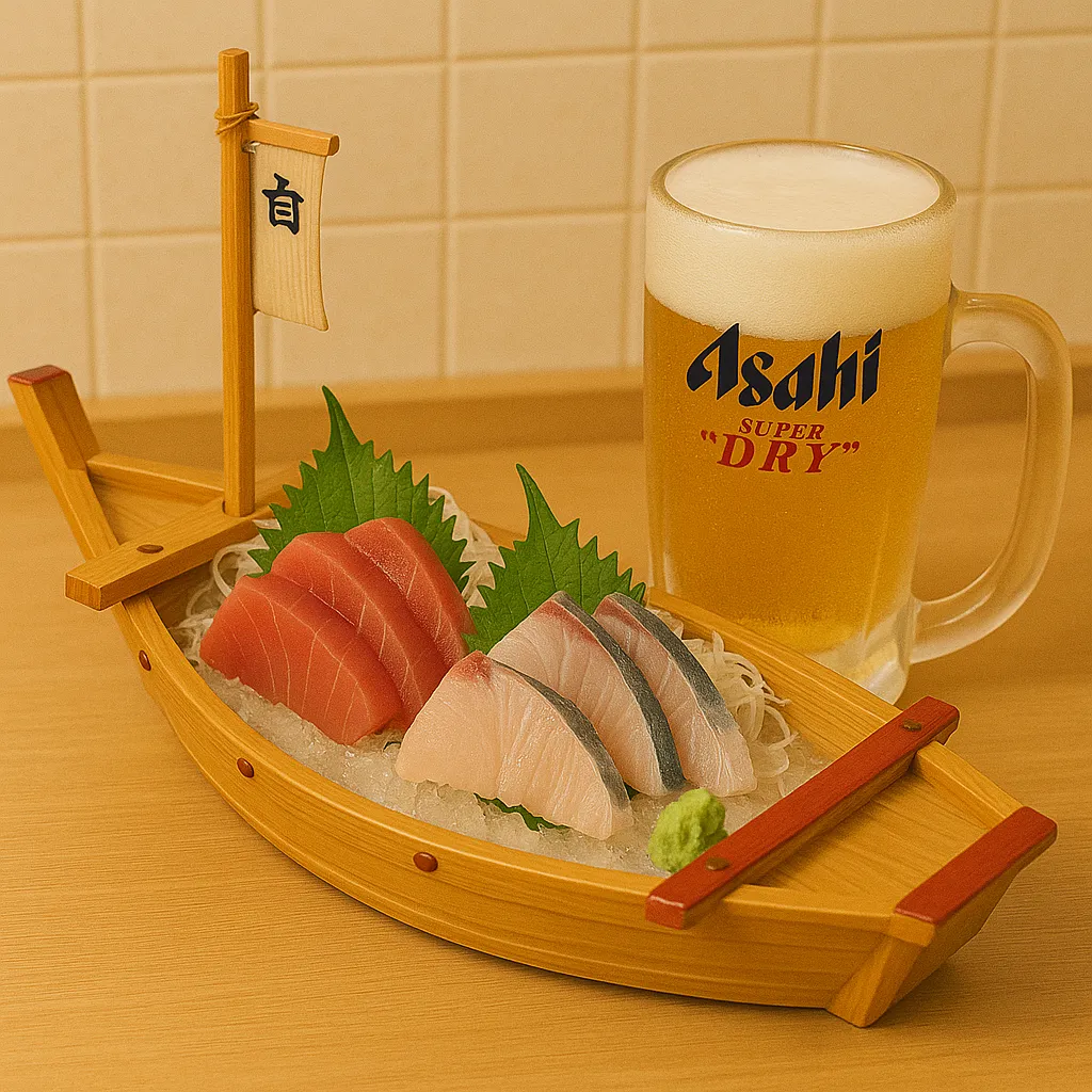 庄やの舟盛りとビール