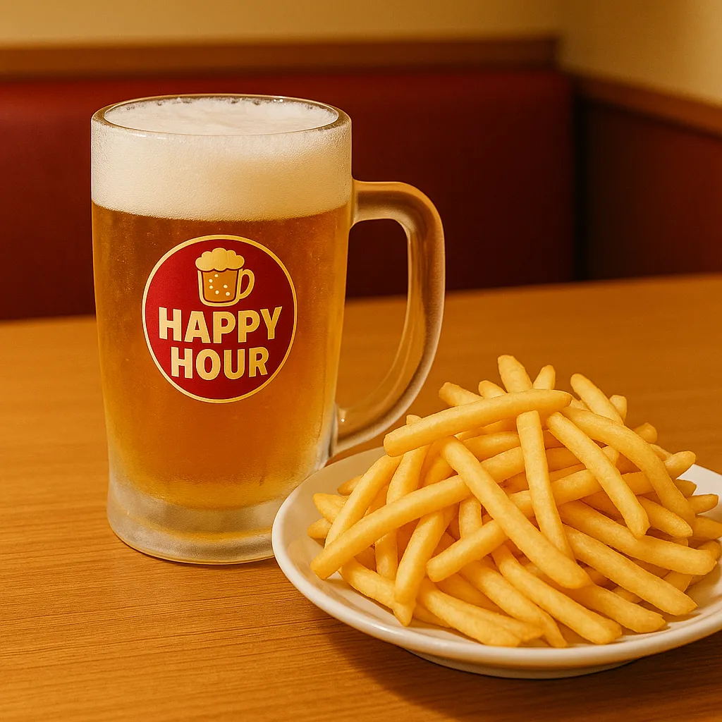 ガストのハッピーアワーでビールと山盛りポテトフライを楽しむ様子