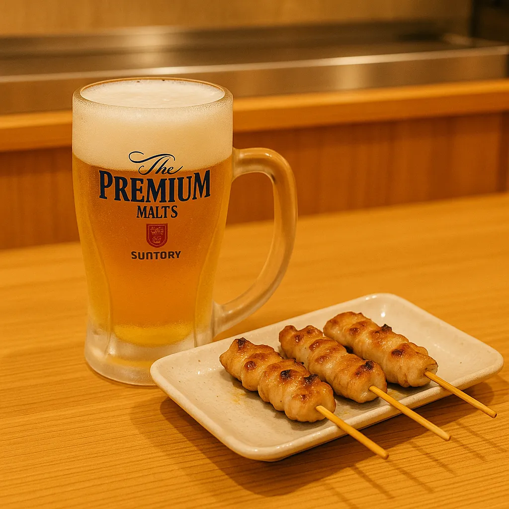 鳥貴族のザ・プレミアム・モルツのジョッキと焼き鳥