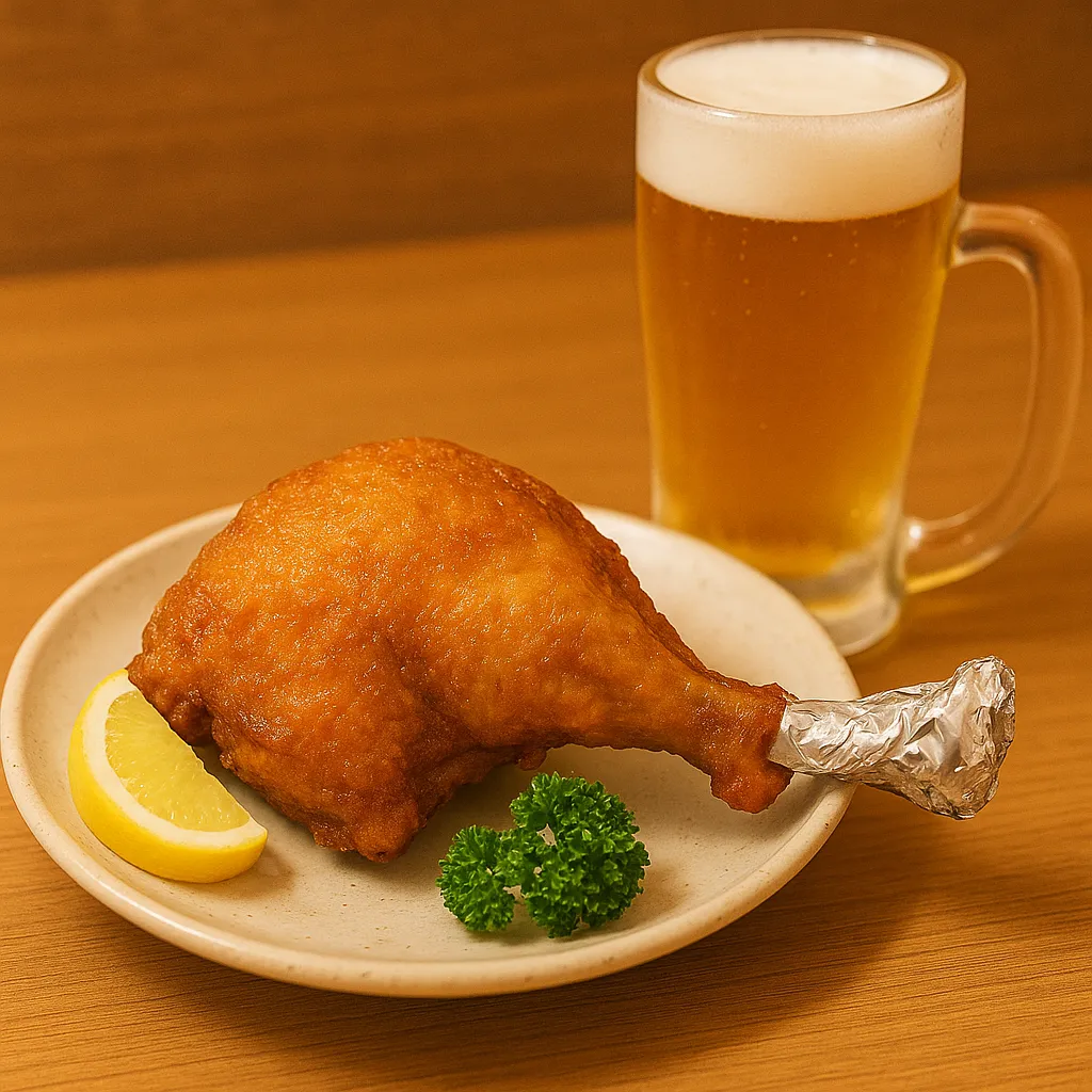 ミライザカ名物の骨付きモモ一本グローブ揚げとビール